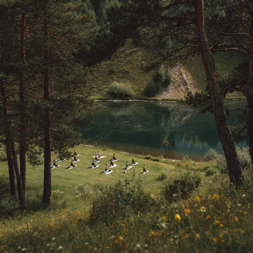Група людей займається йогою на природі